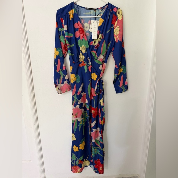 Zara Dresses & Skirts - ZARA Floral Wrap Maxi Dress Blue Long Sleeve NWT XS